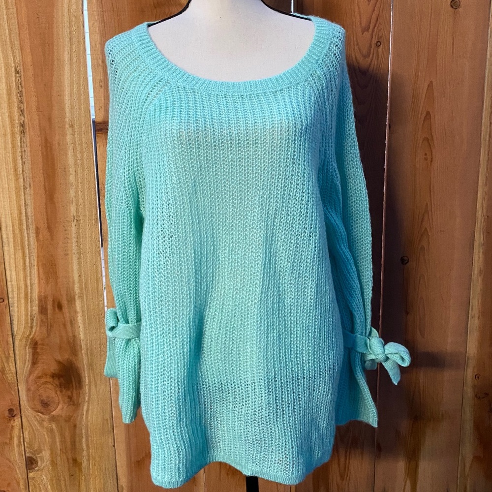 Project Naadam knit sweater tie sleeves mint sheer